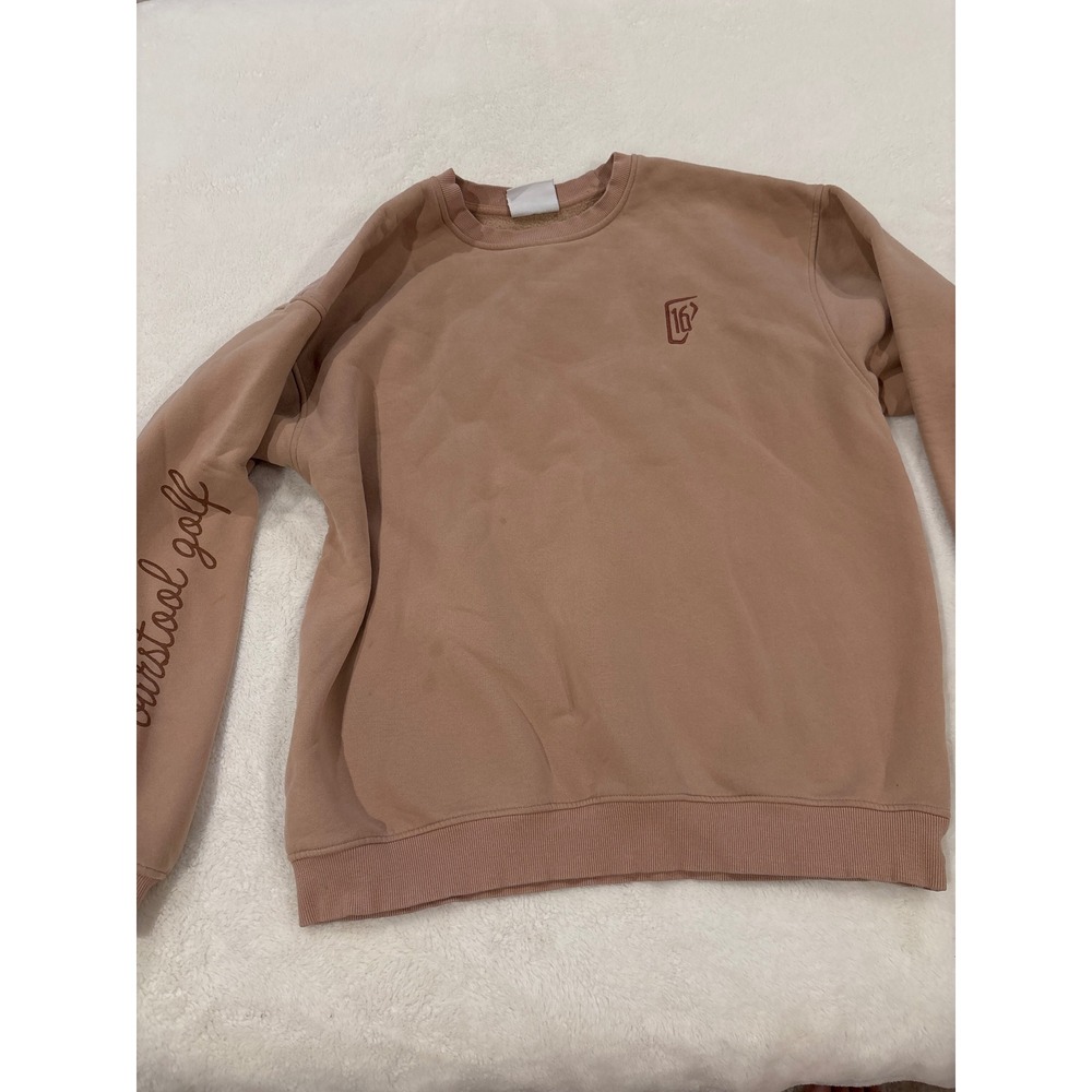 Barstool Golf Crewneck Sweatshirt Tan Pink Embroidered Logo Sleeve Script Medium